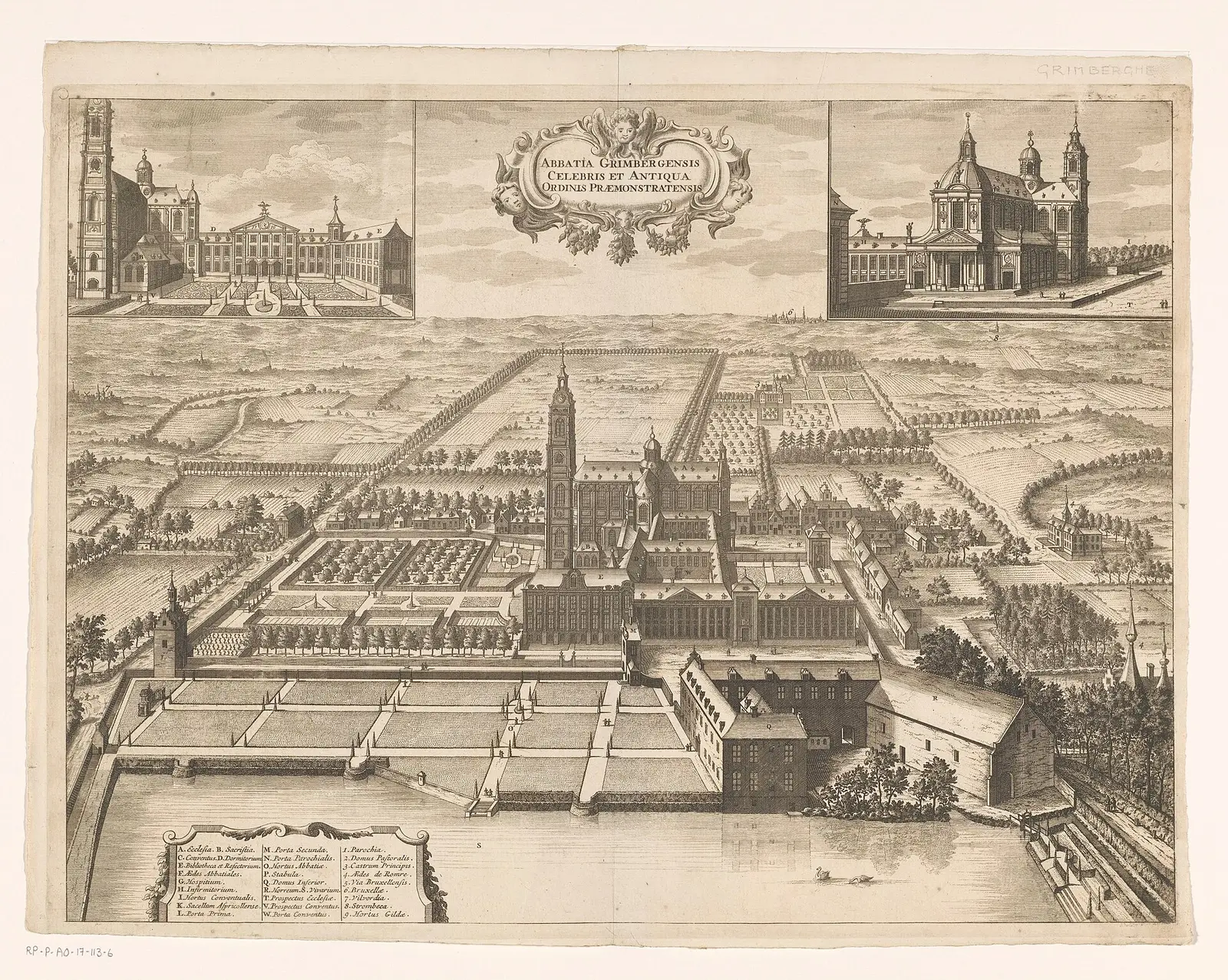 Oude gravure van de abdij van Grimbergen in vogelvlucht, met tuinen en dorp.