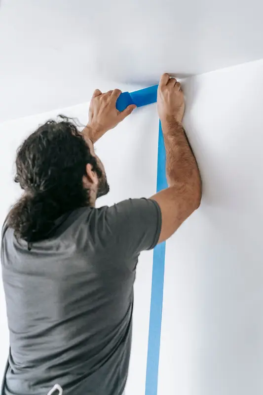 Een schilder plakt blauw afplaklint strak langs het plafond.